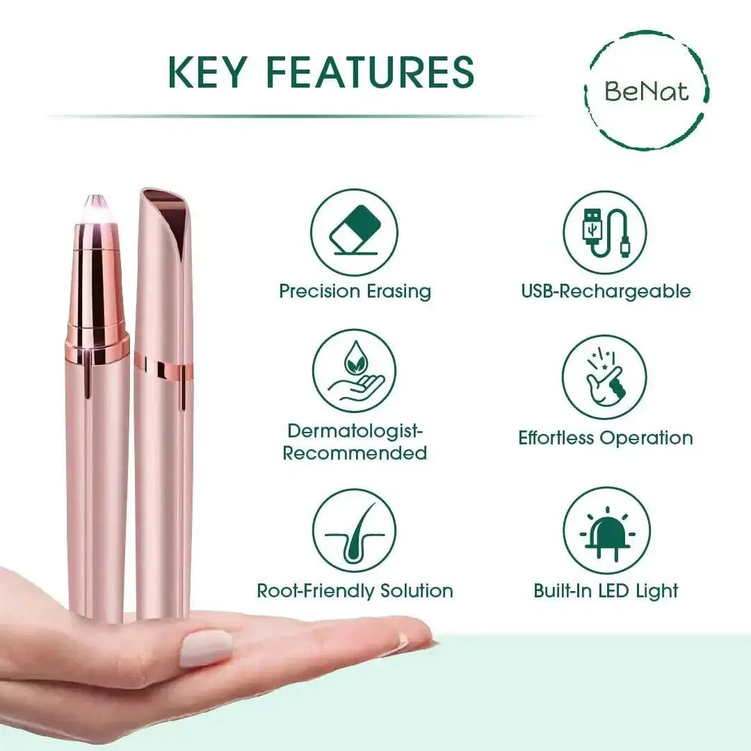 Rechargeable eyebrow hair remover showcasing precision erasing, USB-rechargeable, dermatologist-recommended, root-friendly, effortless operation with built-in LED light.