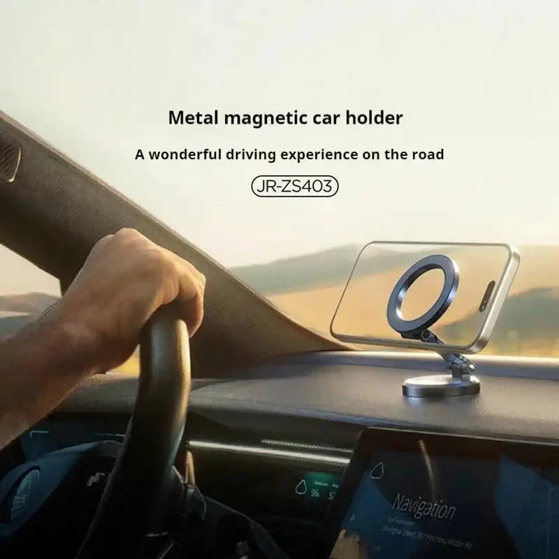 MagSafe car mount phone holder in use inside a car, showcasing metal magnetic design for secure and convenient phone placement.