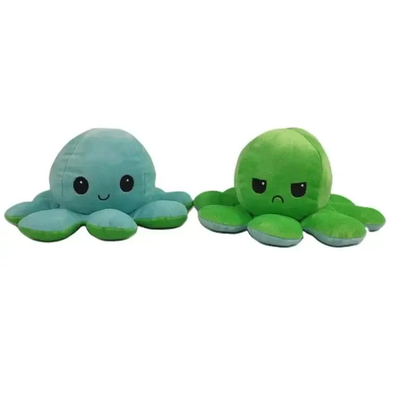 Double sided flip octopus plush toy with happy and angry expressions, soft and cuddly kids' stuffed animal.