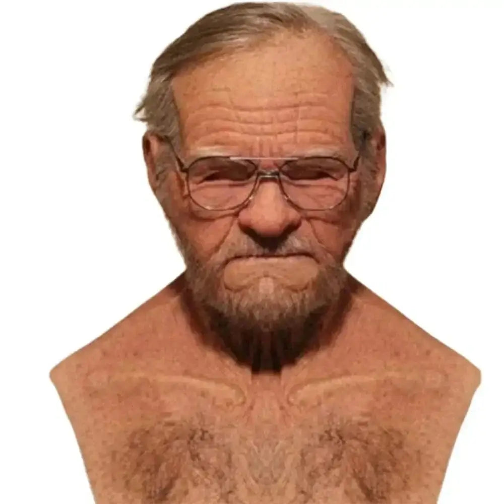 Old scary mask with a realistic design resembling an elderly man, perfect for Halloween or themed parties.