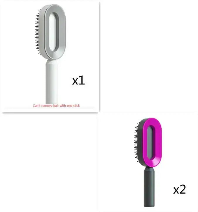 Self-cleaning hair brush with airbag scalp massage comb in white and purple colors, ergonomic design, and easy hair removal function.