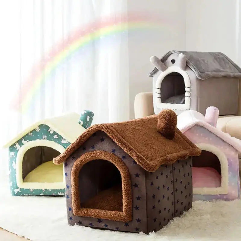 Soft winter dog cat bed house with cozy design and rainbow background.