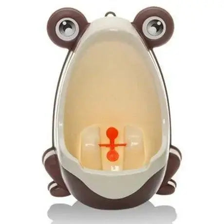 Wall-mounted frog-shaped kids potty training urinal with rotating water wheel and easy-to-clean design