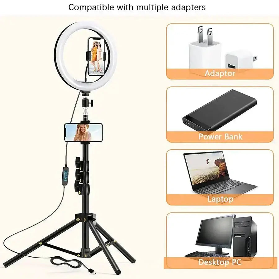 Dimmable LED technology ring light 10.2-inch with adjustable tripod and dual phone holders, USB powered and compatible with multiple adapters.