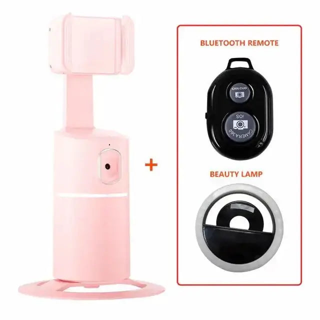 Auto face tracking phone selfie stick with Bluetooth remote and beauty lamp in pink for hands-free selfies and precise tracking