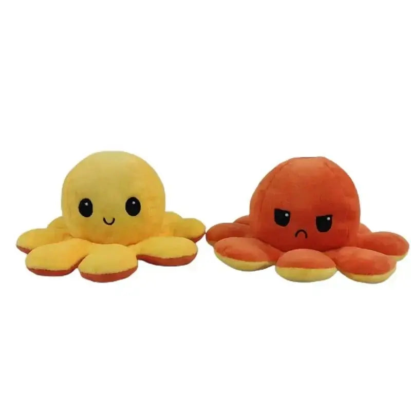 Double sided flip octopus plush toy with happy and angry expressions, soft and cuddly stuffed animal.