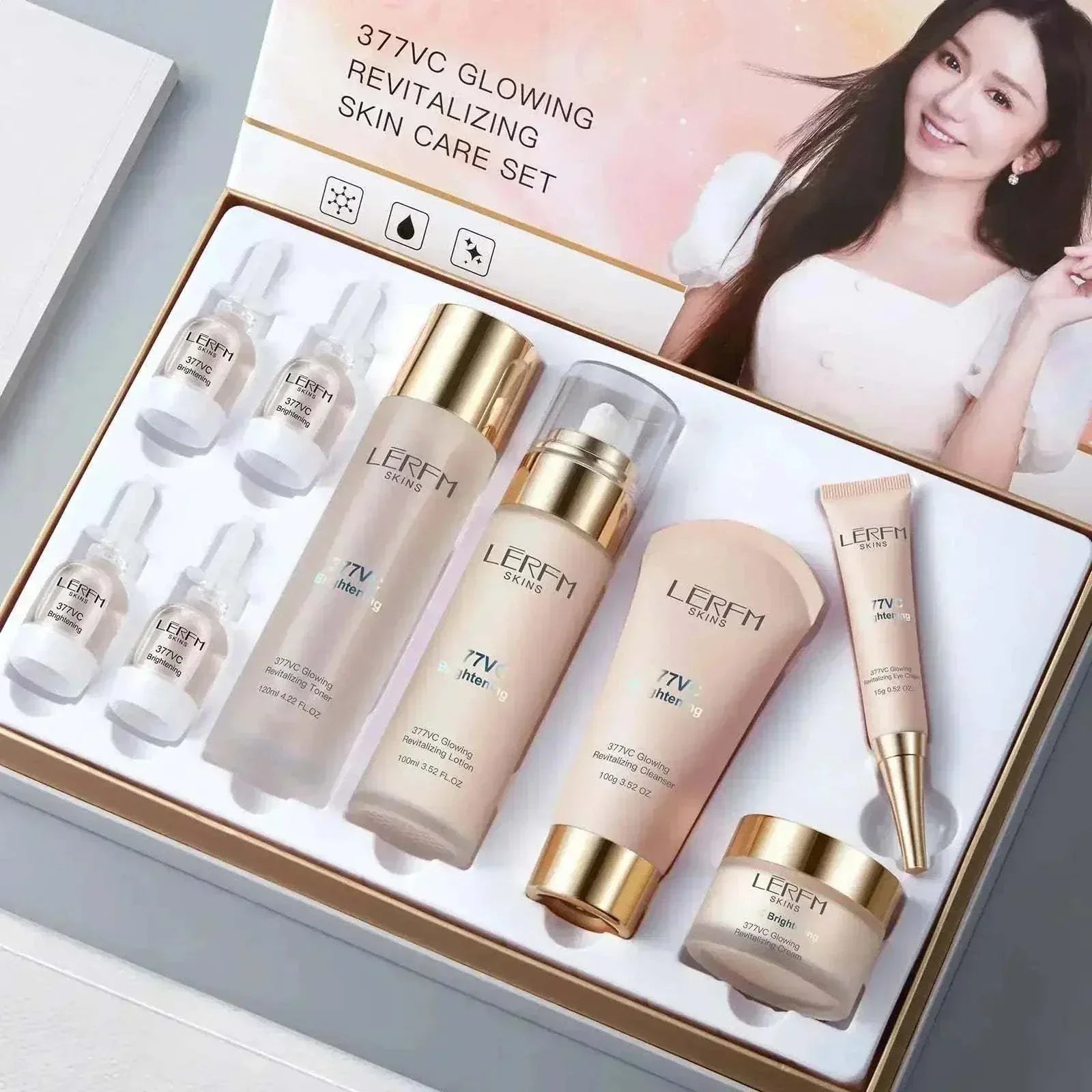 Moisturizing skincare set with creams, serums, and lotions for radiant youthful skin.