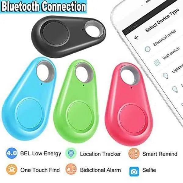 Bluetooth Tracker with keychain design, available in multiple colors, featuring location tracking, smart remind, bidirectional alarm, and remote selfie function.