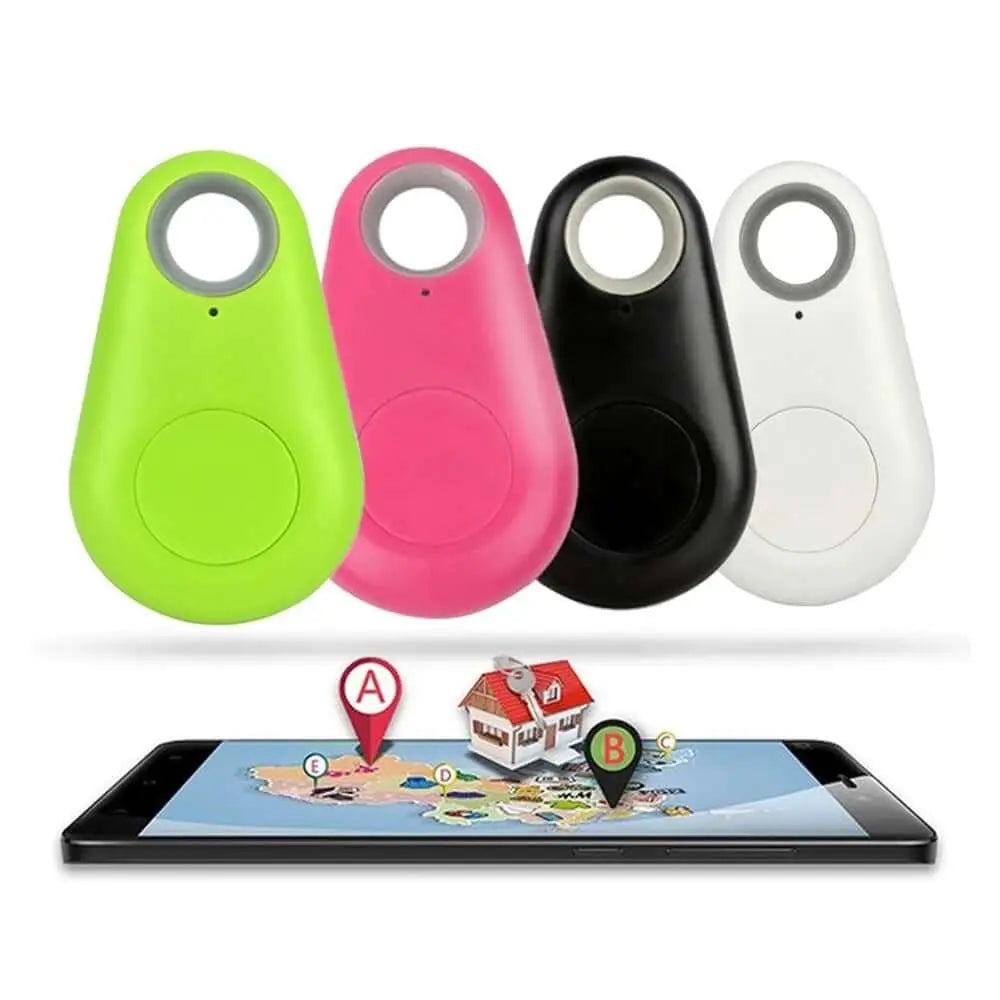 Colorful Bluetooth tracker keychain devices with mobile GPS app integration.
