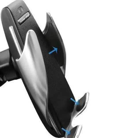 Automatic clamping wireless car charger mount with sleek design and fast charging capabilities.