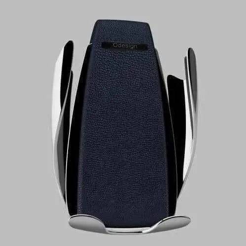 Automatic clamping wireless fast charging car mount with sleek design.