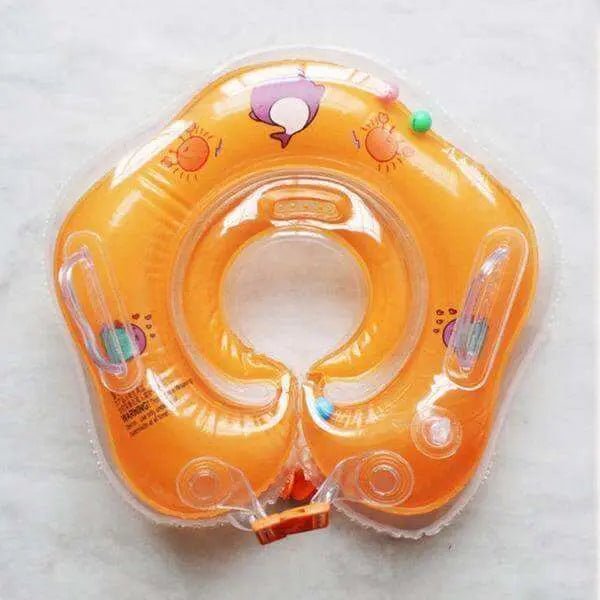 Baby Neck Float Ring for secure baby swimming, bright orange, BPA-free, with safety locks and sensory bells.