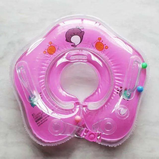 Pink baby neck float ring with colorful design, providing secure and fun swimming experience for infants.