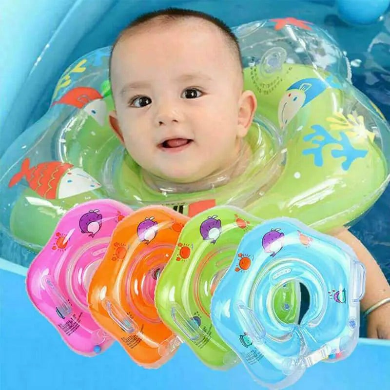 Baby enjoying a colorful neck float ring in a pool.