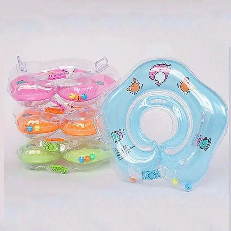 Baby neck float ring for swimming, colorful and secure design, BPA-free, with dual safety locks and sensory bells.