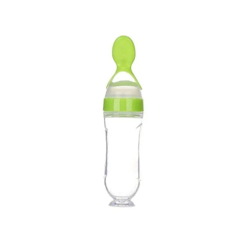 Baby squeezing feeding bottle with soft silicone spoon, ideal for transitioning to solid foods.