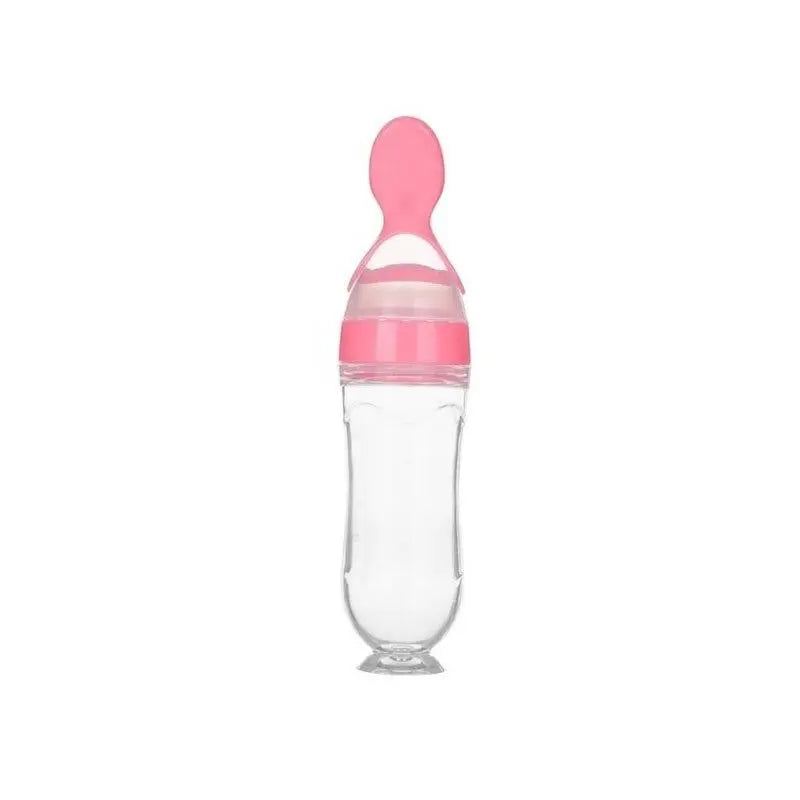 Baby squeezing feeding bottle with soft silicone spoon attachment, ideal for transitioning from liquid to solid feeding.