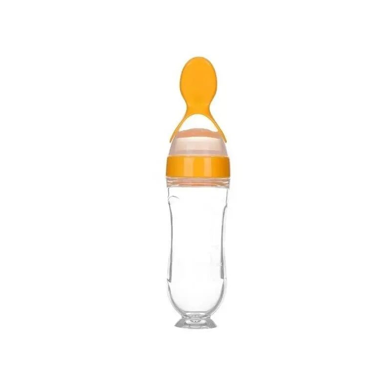 Baby squeezing feeding bottle with soft silicone spoon feeder, BPA-free, ideal for transitioning to solid foods.