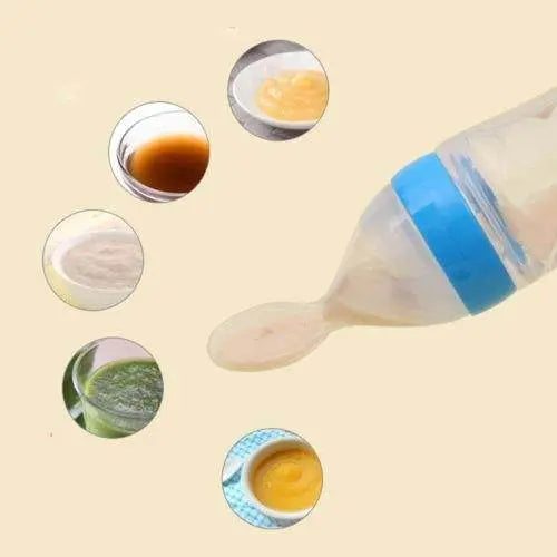 Baby squeezing feeding bottle with silicone spoon and various baby foods.