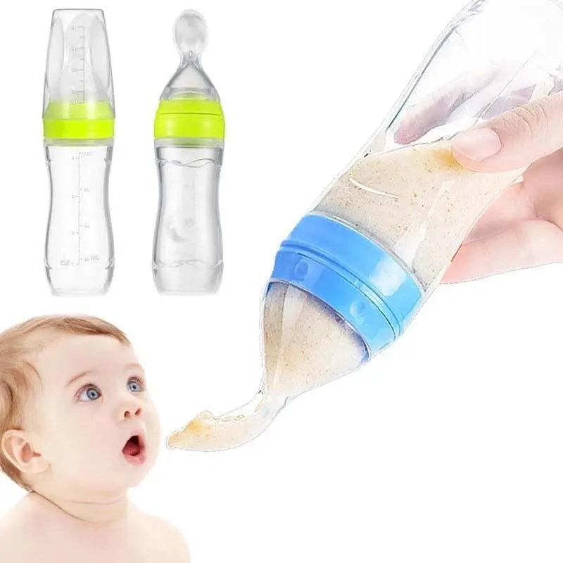 Baby squeezing feeding bottle with soft silicone spoon feeder, ideal for transitioning from liquid to solid feeding.