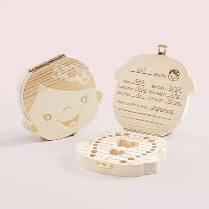 Baby wooden teeth organizer with cute face design and personalized profile details.