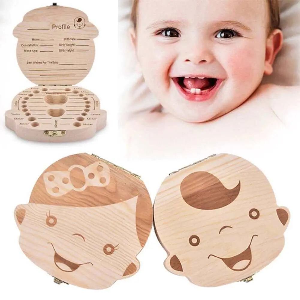 Baby wooden teeth organizer with smiling baby illustration, featuring eco-friendly pinewood and shiny hinges for keepsake memories.