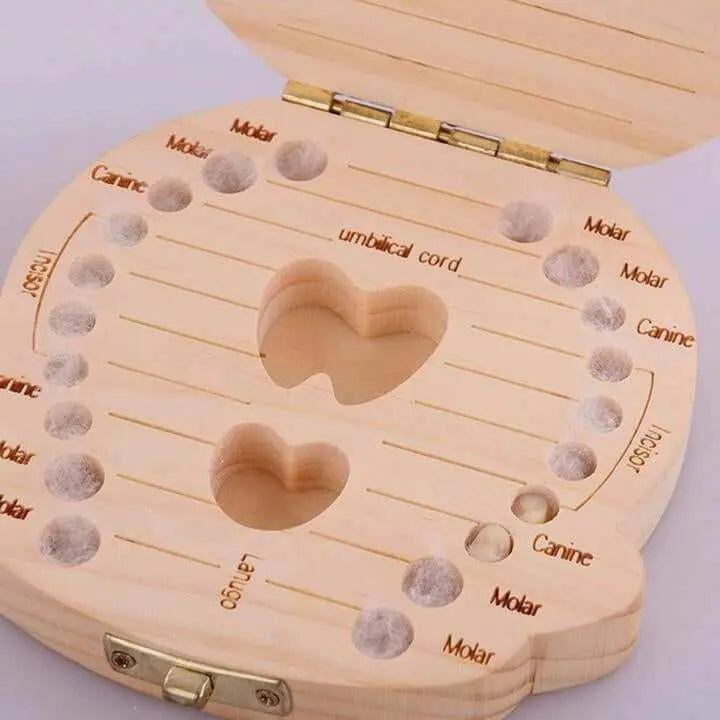 Baby Wooden Teeth Organizer with compartments for storing baby teeth, made from eco-friendly pinewood.