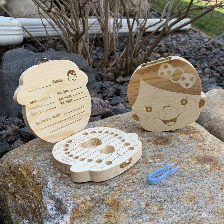 Baby wooden teeth organizer with cute design displayed on rocks outdoors.