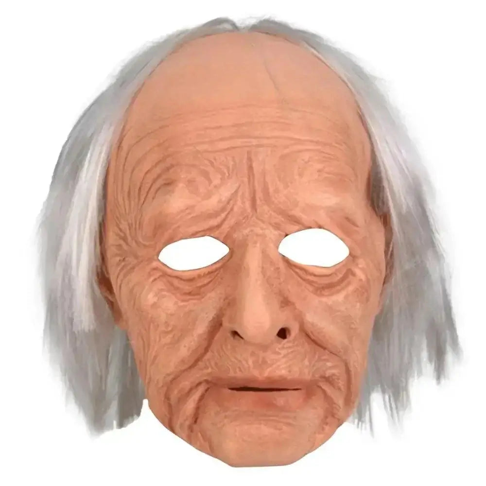 Old scary mask with realistic design and white hair, perfect for Halloween parties.