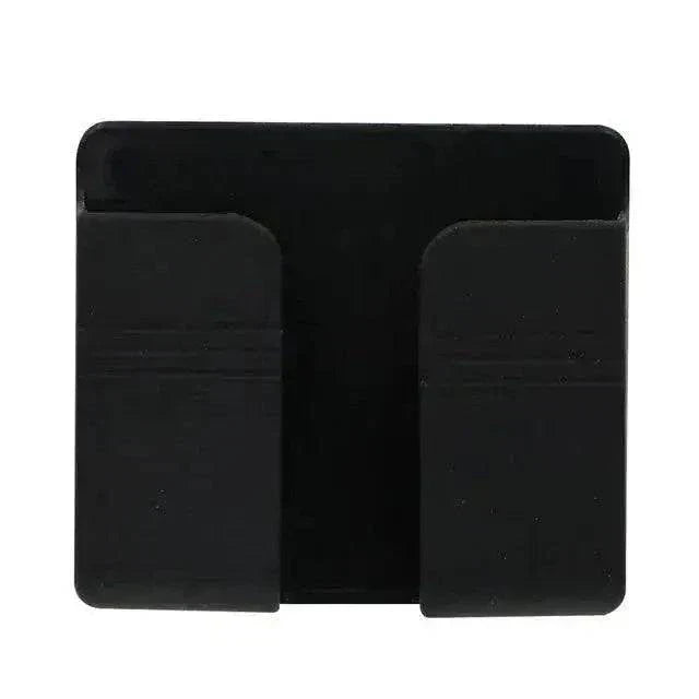 Black phone holder with a sleek, compact design for secure device support.