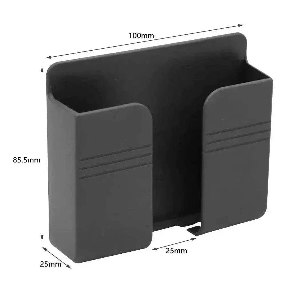 Black phone holder with dimensions, featuring sleek design and durable material.