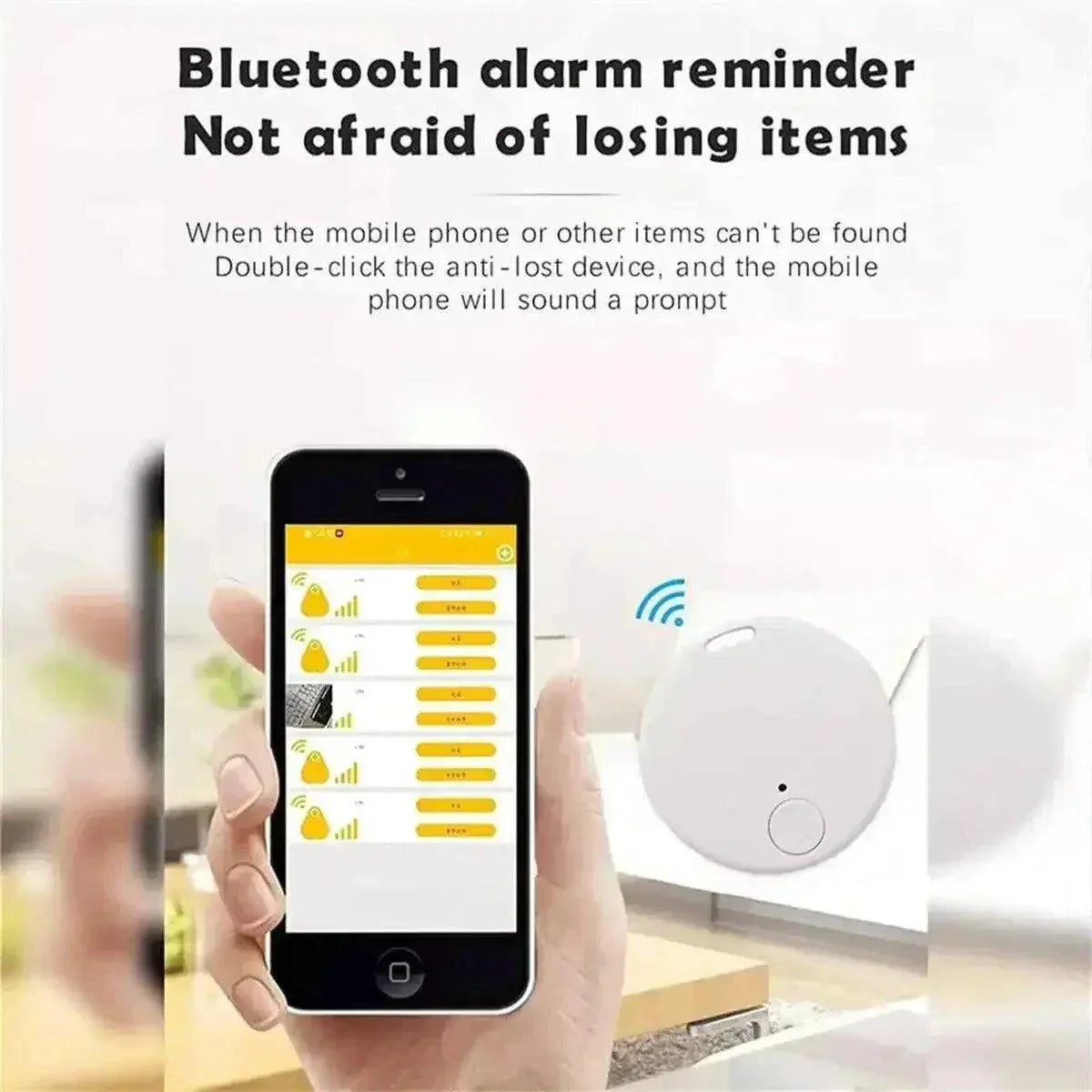 Bluetooth GPS device with smartphone app, featuring alert reminder for lost items.