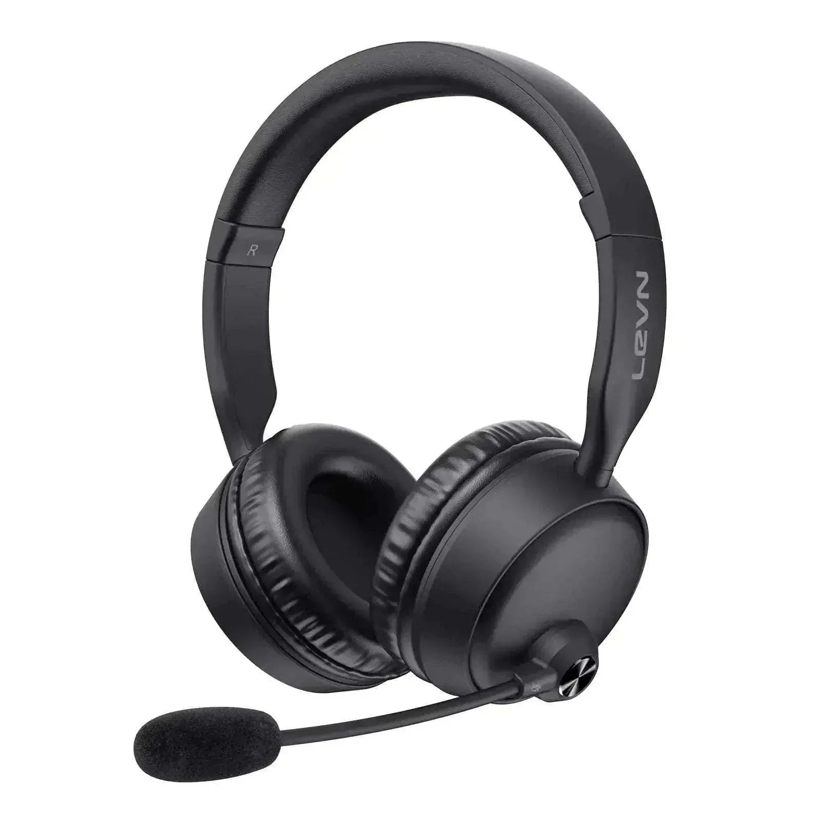 Bluetooth headphones with AI noise cancelling microphone, soft ear pads, adjustable headband, black design.