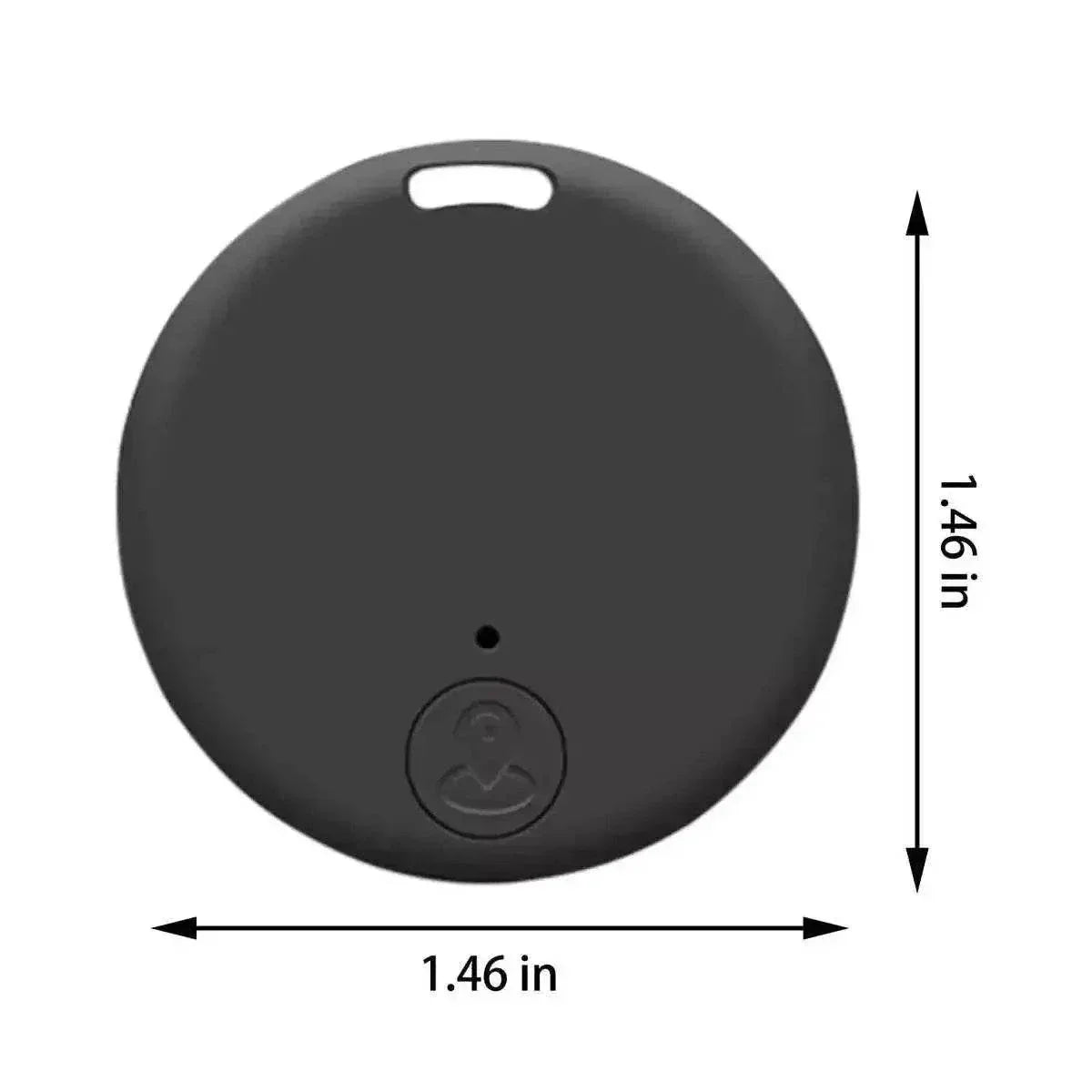 Compact black round Bluetooth GPS tracking device measuring 1.46 inches.