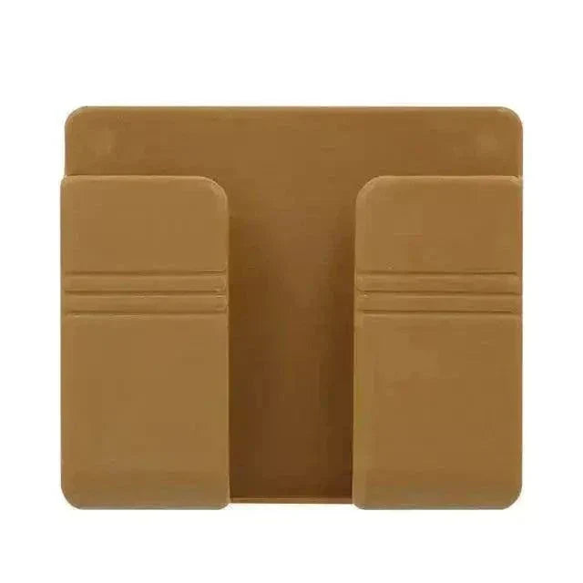 Brown wall-mounted phone holder with dual grips.