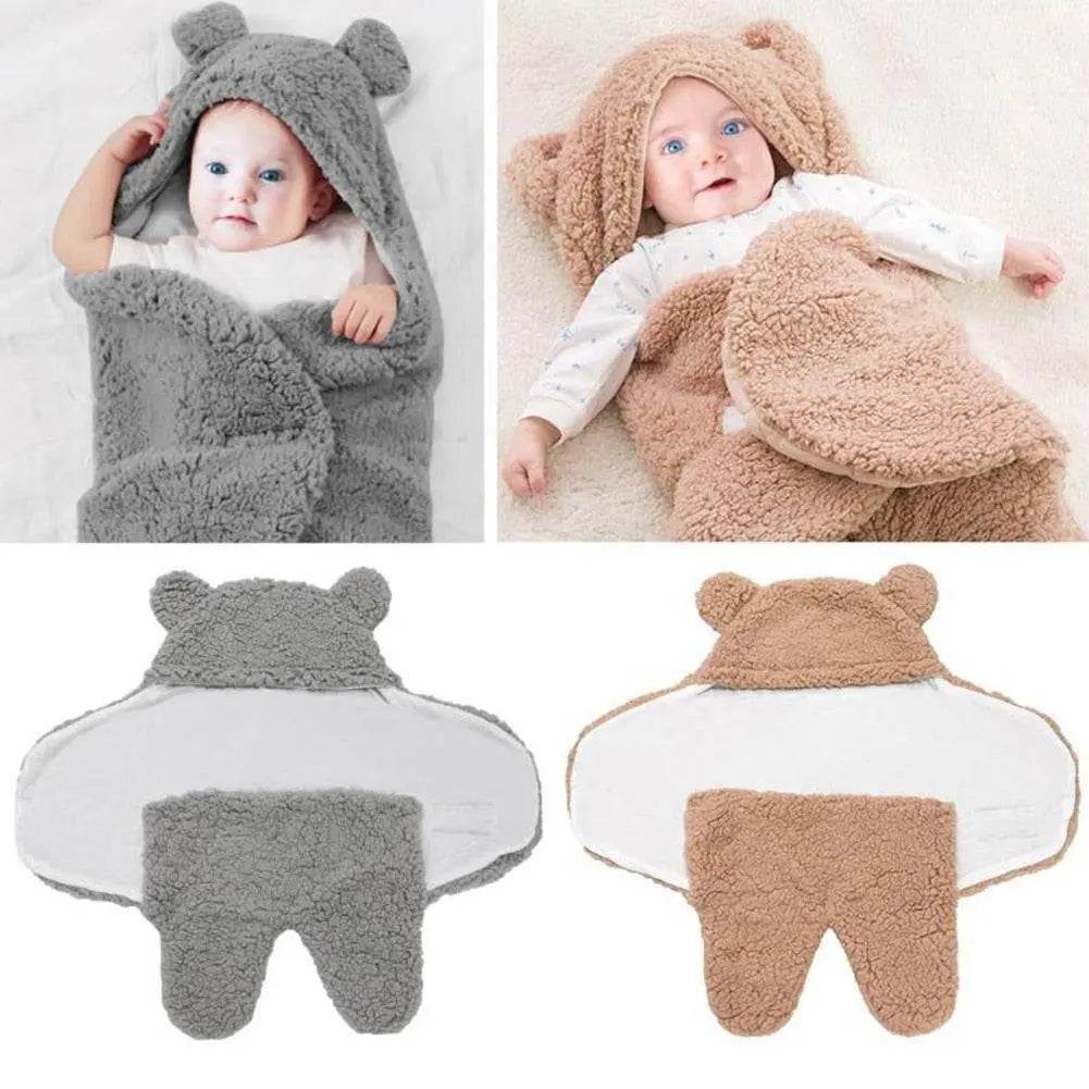 Ultra-soft starfish baby sleeping bag with cozy hood and teddy bear ears in grey and brown.