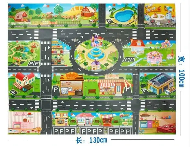 Children's play mat with vehicles and traffic signs featuring a vibrant parking map design.