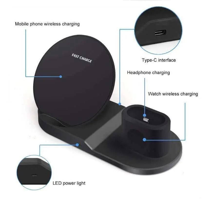 3-in-1 wireless charging station for Apple Watch, AirPods, iPhone, and Qi-enabled phones.