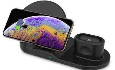 3 in 1 wireless charger dock station for Apple devices and Qi-enabled phones.