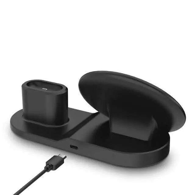 3 in 1 wireless charger dock for Apple Watch, AirPods, and iPhone, black sleek design.