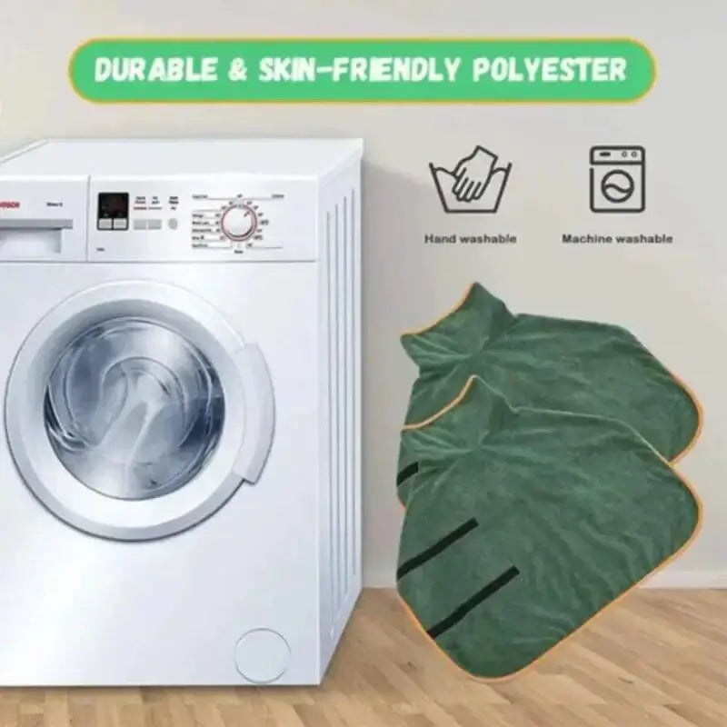 Durable and skin-friendly polyester pet bathrobe towel in green, hand and machine washable.