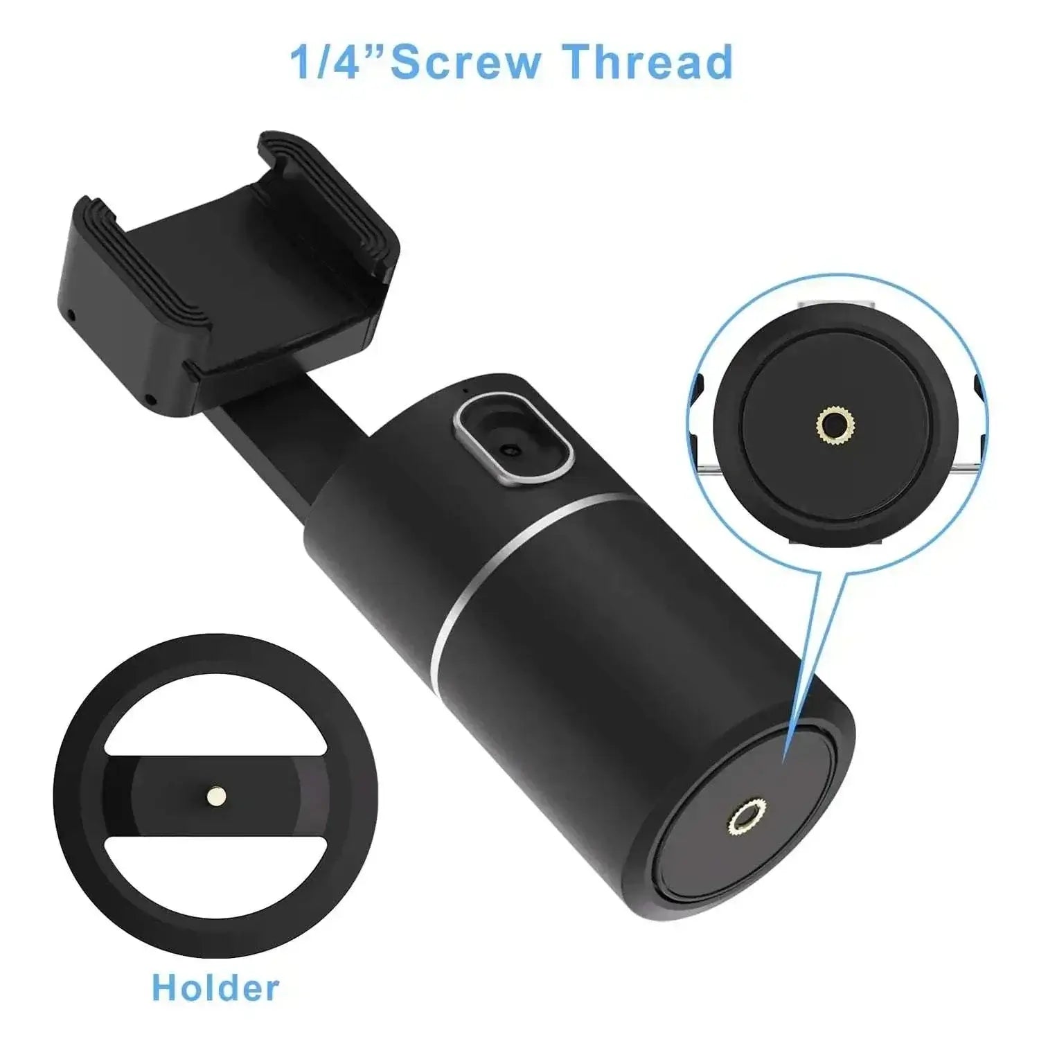 Auto face tracking phone selfie stick with 1/4-inch screw thread and adjustable holder for hands-free photo and video capturing.