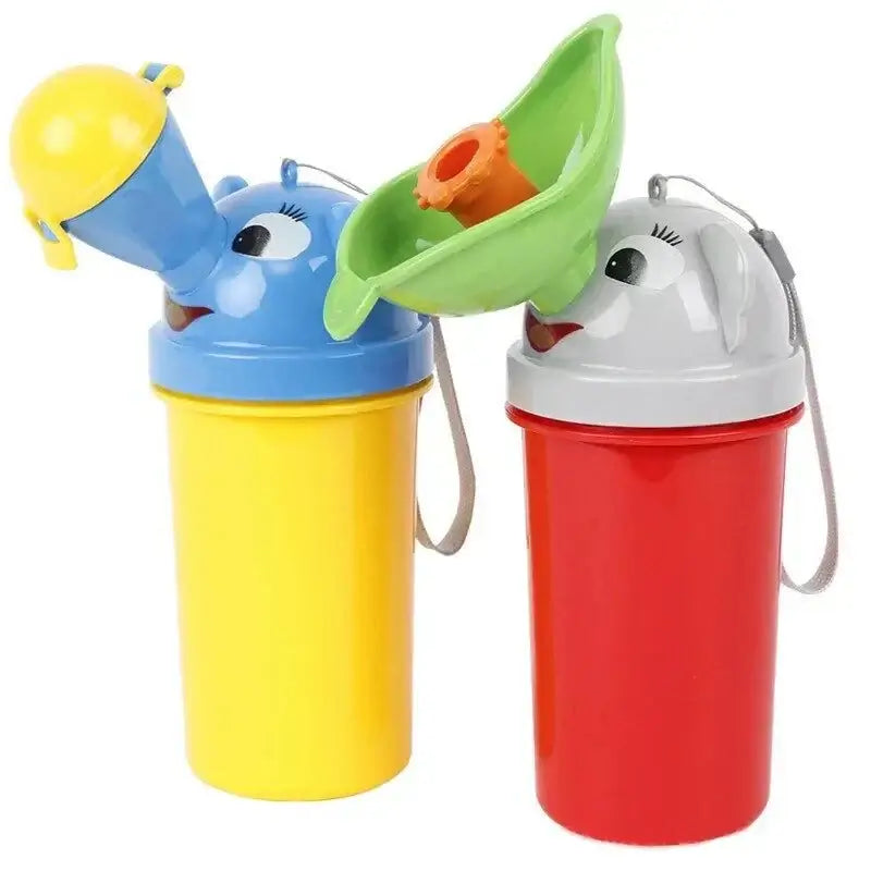 Colorful children's potty training cups with animal-shaped lids and attached handles