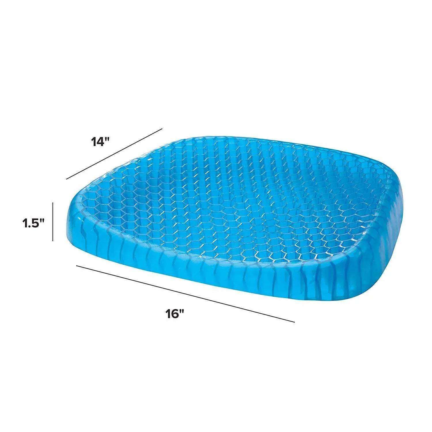 Blue elastic silicone egg seat cushion with honeycomb design, 14x16 inches, 1.5-inch thickness.