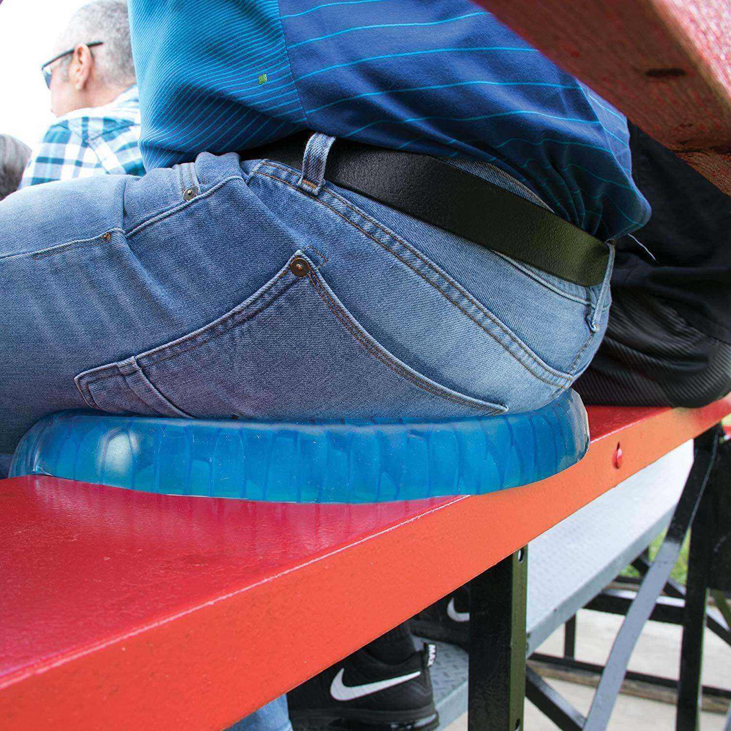 Elastic Silicone Egg Seat Cushion in use, providing comfort and support while seated on a bench.