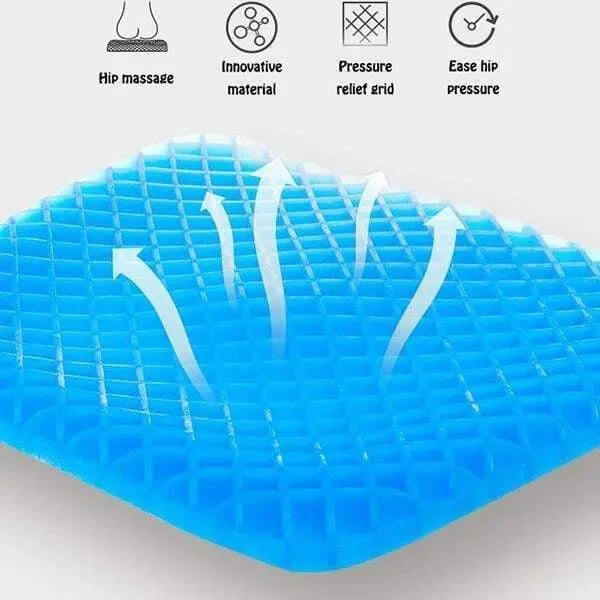 Blue elastic silicone egg seat cushion with breathable honeycomb design, highlighting hip massage, innovative material, and pressure relief benefits.