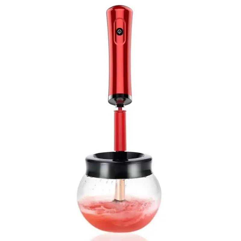 Electric makeup brush cleaning device with red handle and transparent bowl.