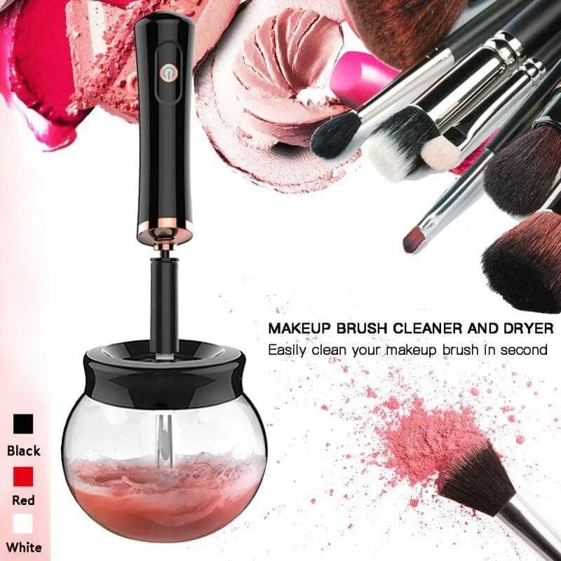 Electric makeup brush cleaning device with brush spinner and bowl, shown with makeup brushes and options in black, red, and white.