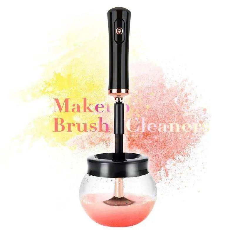 Electric makeup brush cleaning device with brush spinner and bowl, black handle.