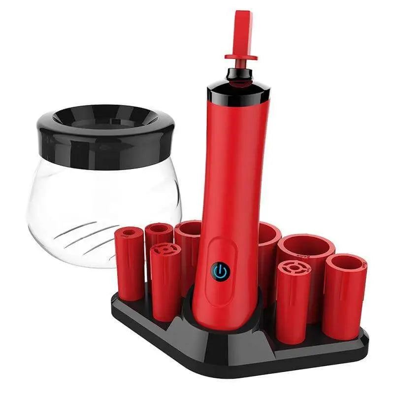 Electric makeup brush cleaning device with multifunctional design and silicone collars for various brushes.